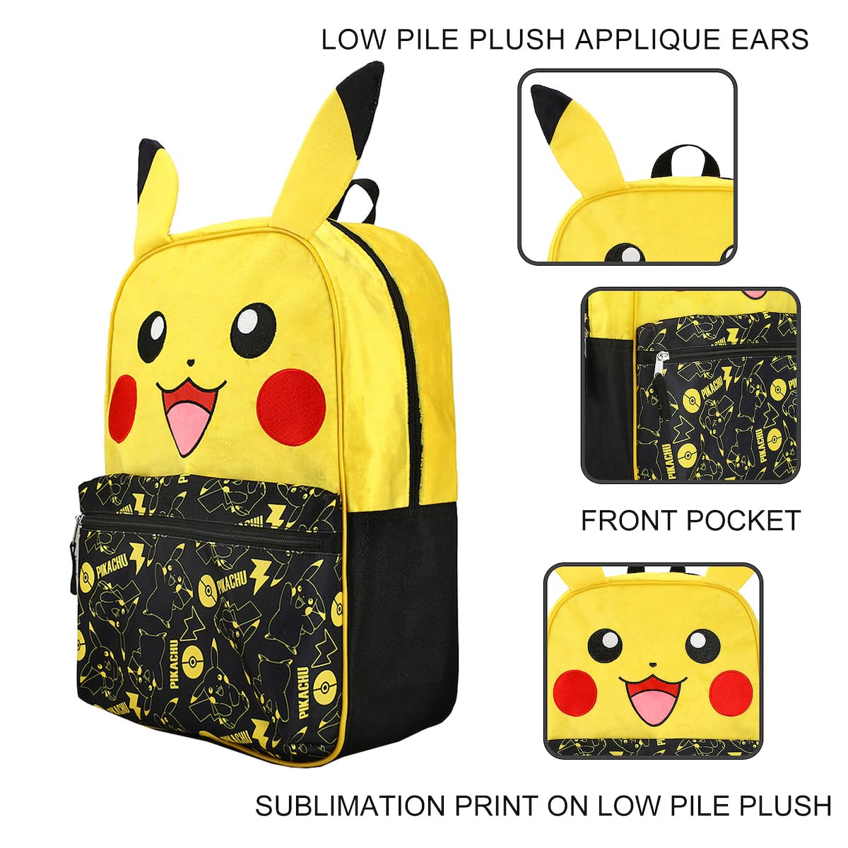 BIOWORLD Unisex Pokemon Pikachu Character 16'' Backpack Black One Size