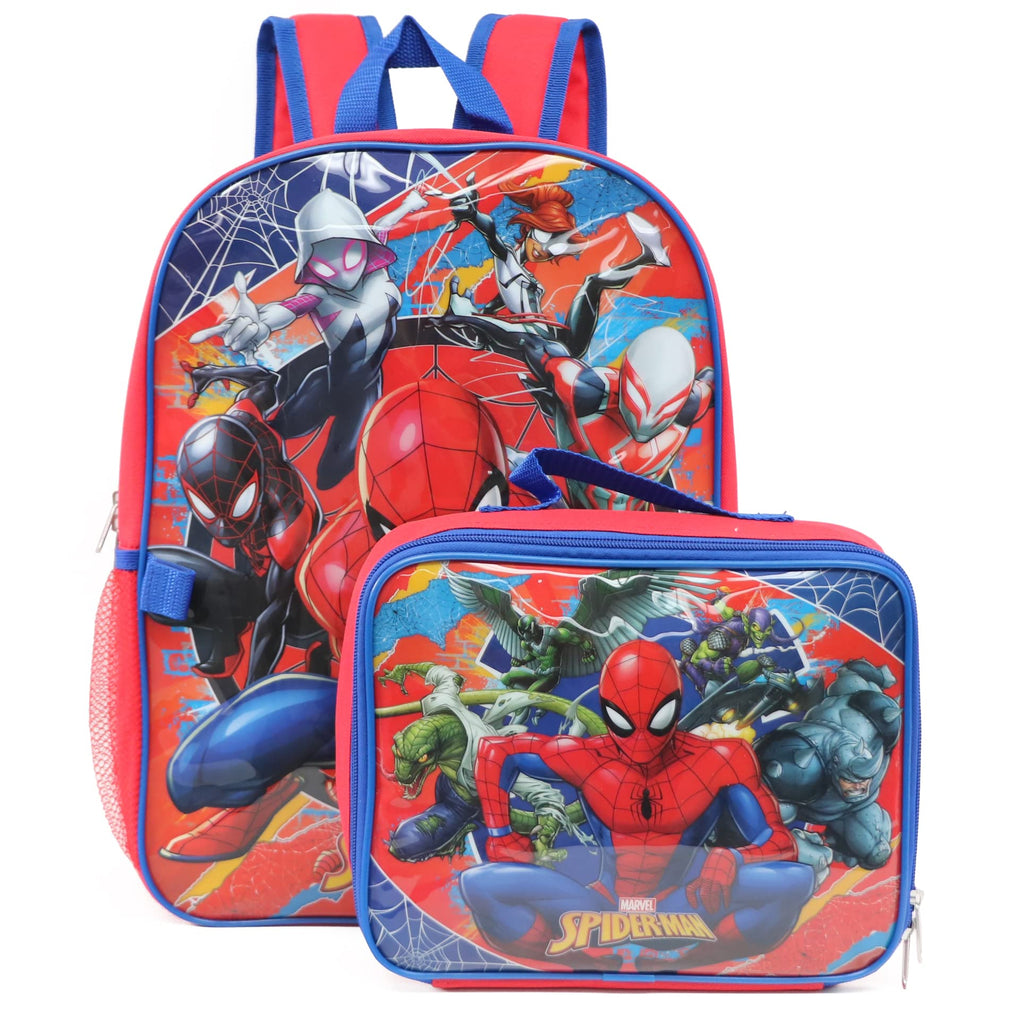 Ruz Spiderman Boys 16 Inch Backpack With Removable Matching Lunch Box Set (Heroes and Villains)