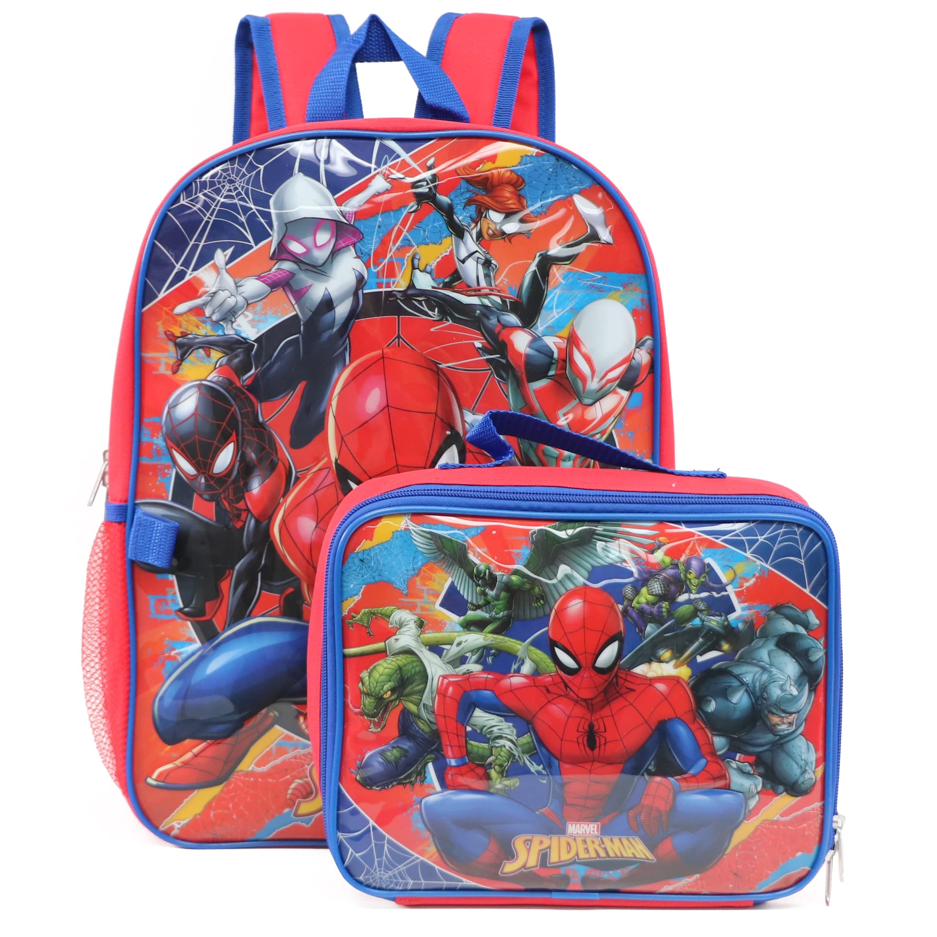 Ruz Spiderman Boys 16 Inch Backpack With Removable Matching Lunch Box Set (Heroes and Villains)