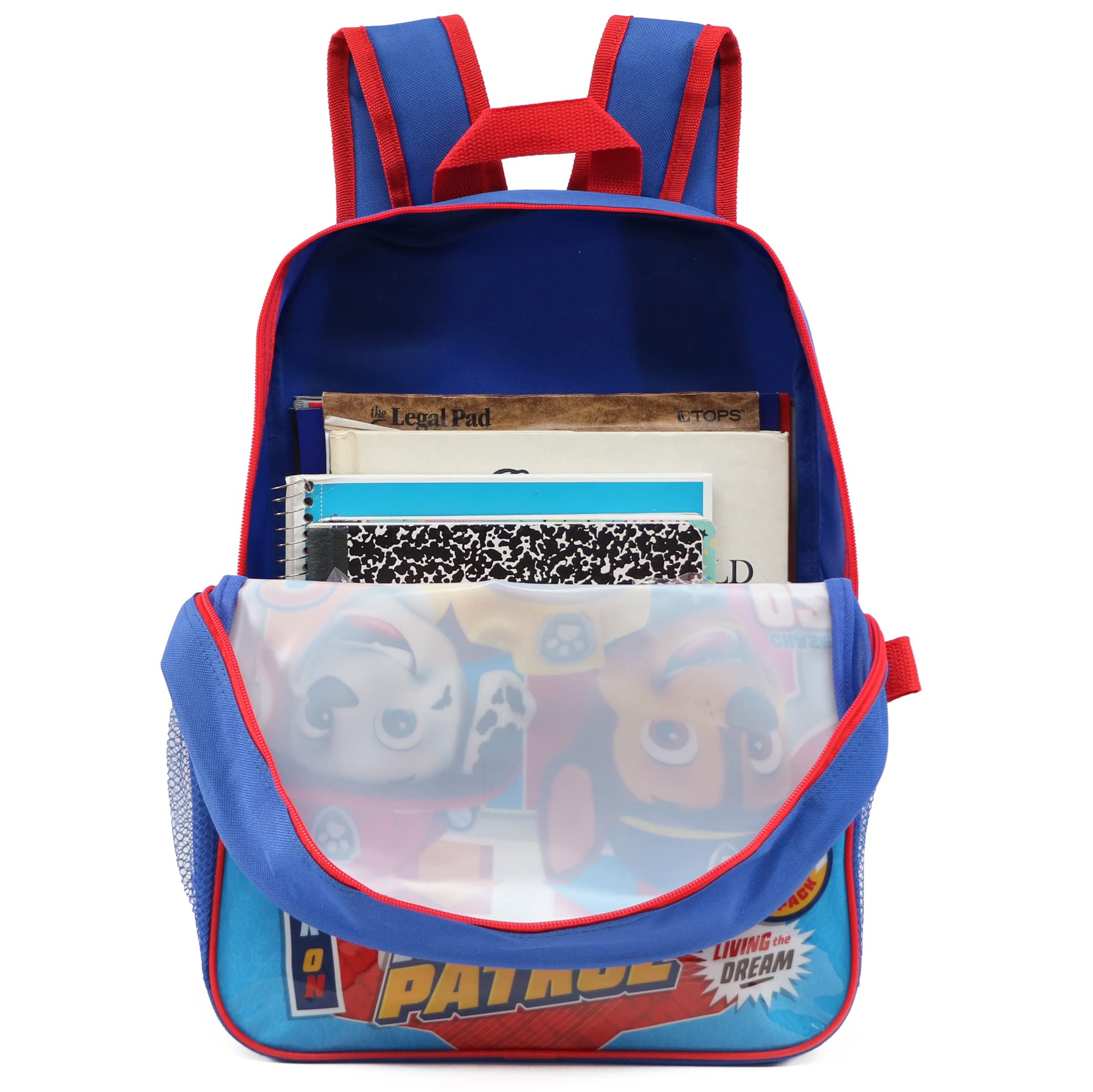 Ruz Paw Patrol Boys 16 Inch Backpack With Removable Matching Lunch Box Set (Blue-Light Blue-Red)
