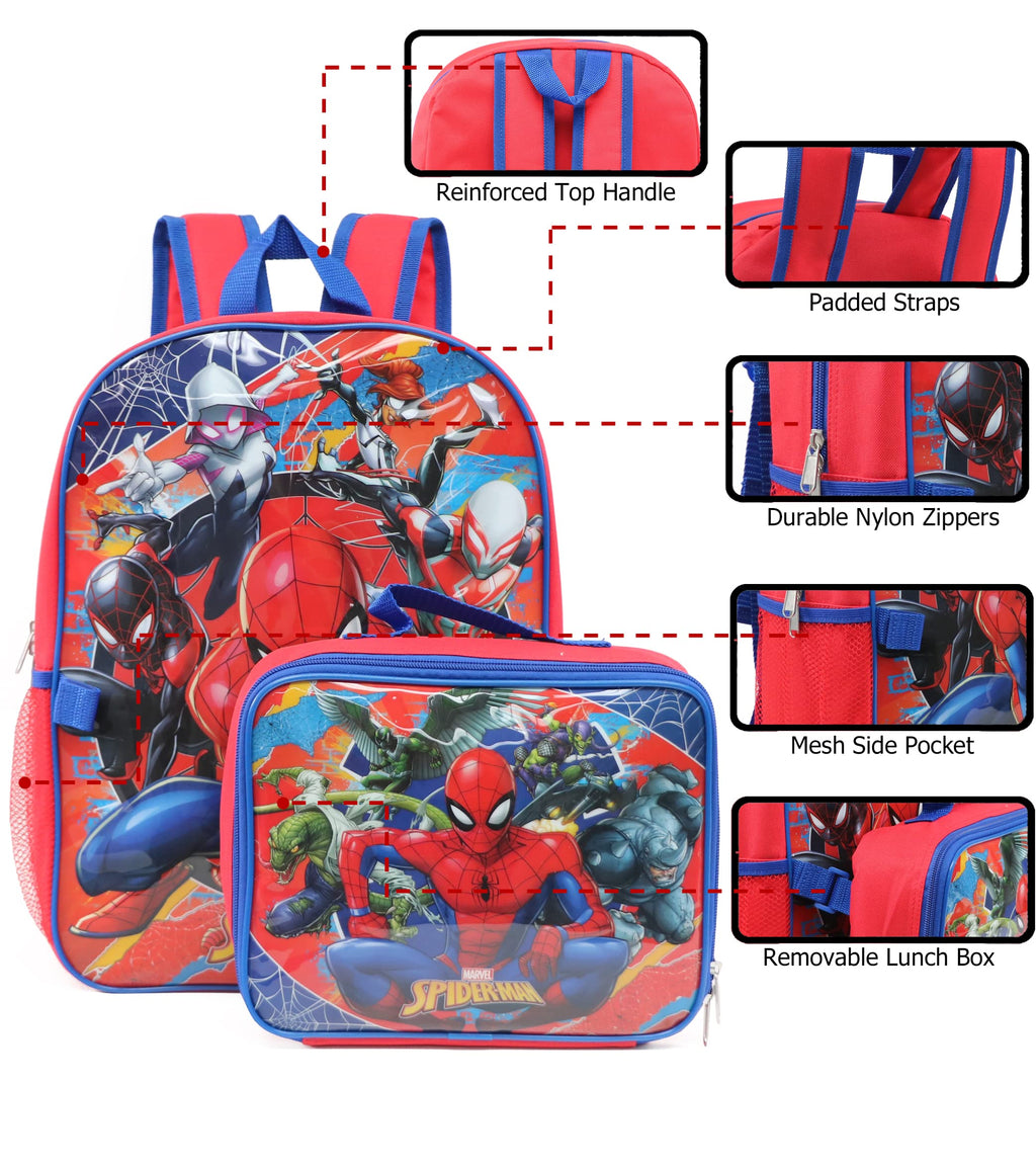 Ruz Spiderman Boys 16 Inch Backpack With Removable Matching Lunch Box Set (Heroes and Villains)