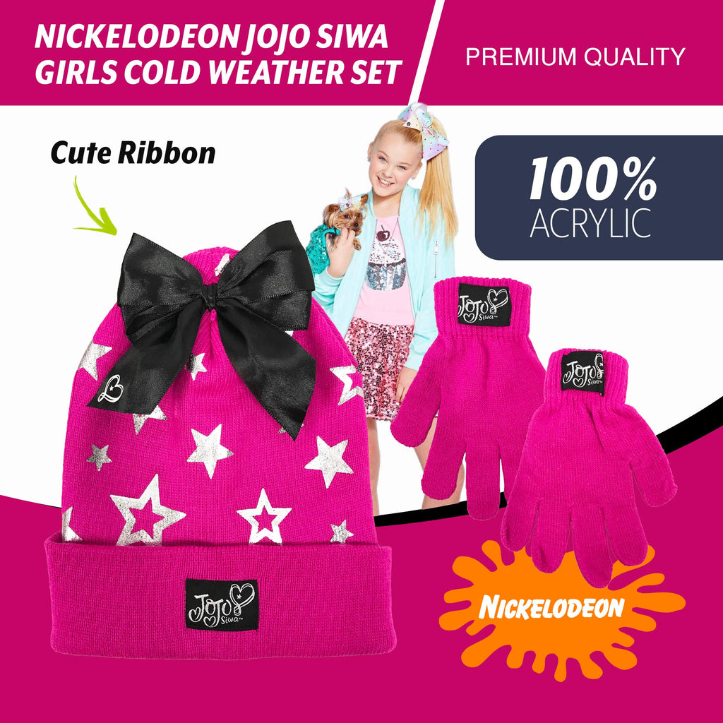 Nickelodeon JoJo Siwa Girls Winter Hat and Gloves Cold Weather Set, Age 4-7