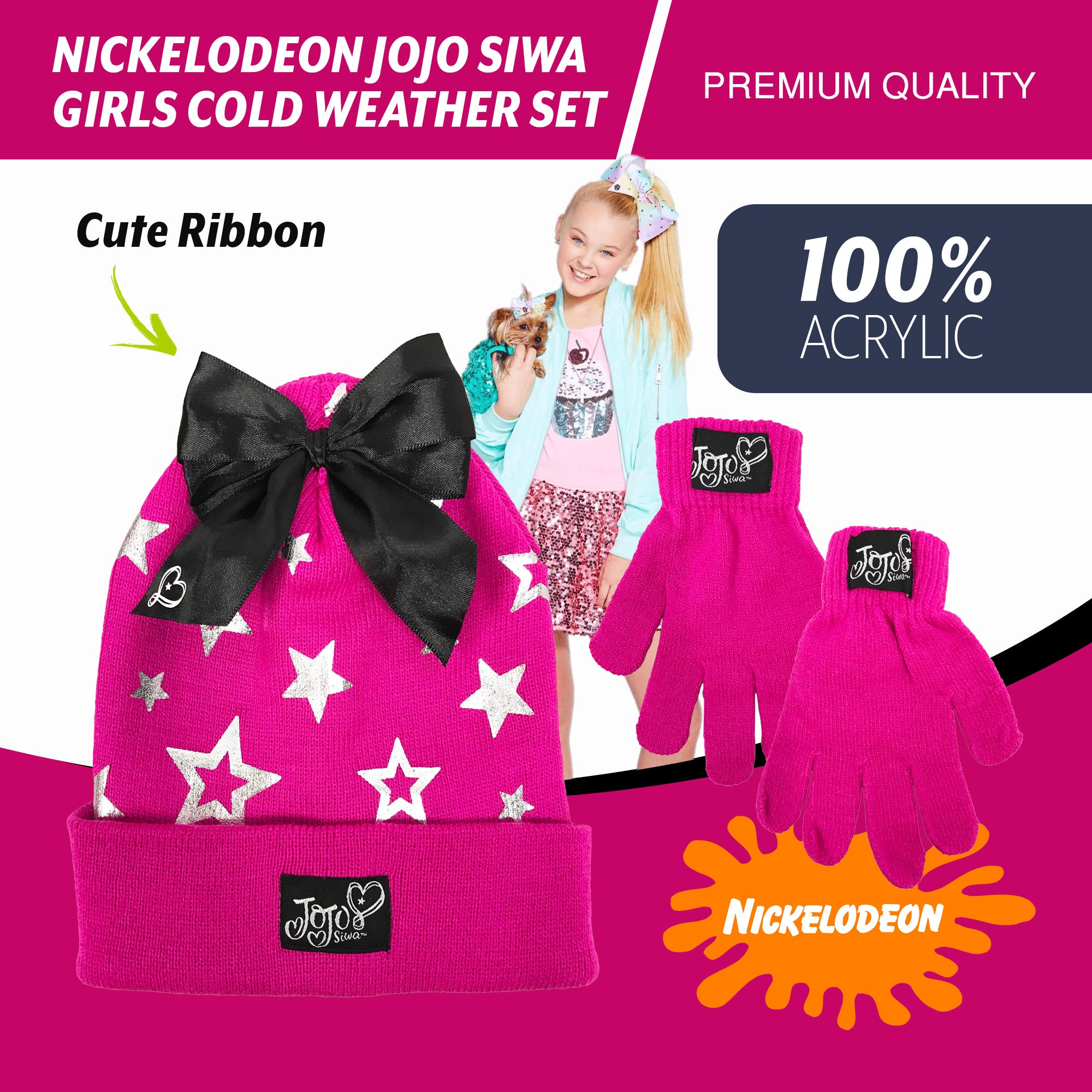 Nickelodeon JoJo Siwa Girls Winter Hat and Gloves Cold Weather Set, Age 4-7