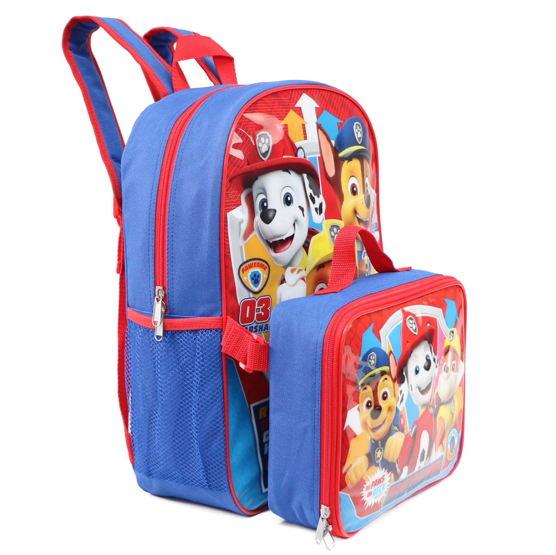 Ruz Paw Patrol Boys 16 Inch Backpack With Removable Matching Lunch Box Set (Blue-Light Blue-Red)