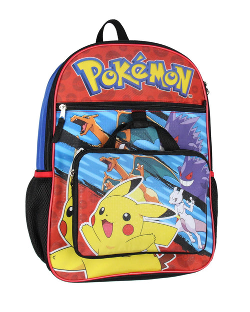 Bioworld Pokemon 5 PC Backpack Set With Padded Card Carrier, Pencil Case, Insulated Snack Bag, and Pokeball Stress Toy