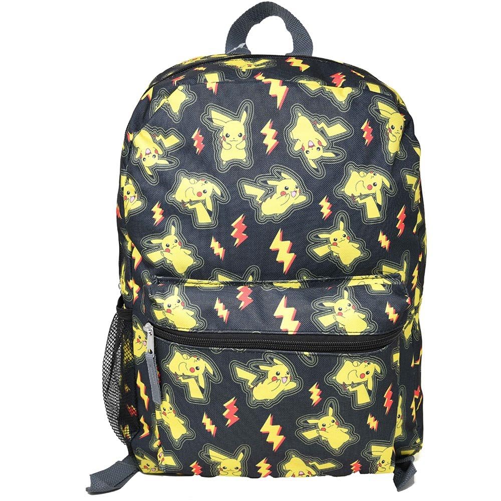 Bioworld Pokemon Pikachu All Over Print 16" Kids Backpack – Colorful Cartoon School Bag with Front Pocket & Side Mesh, Lightweight Travel Backpack for Boys & Girls