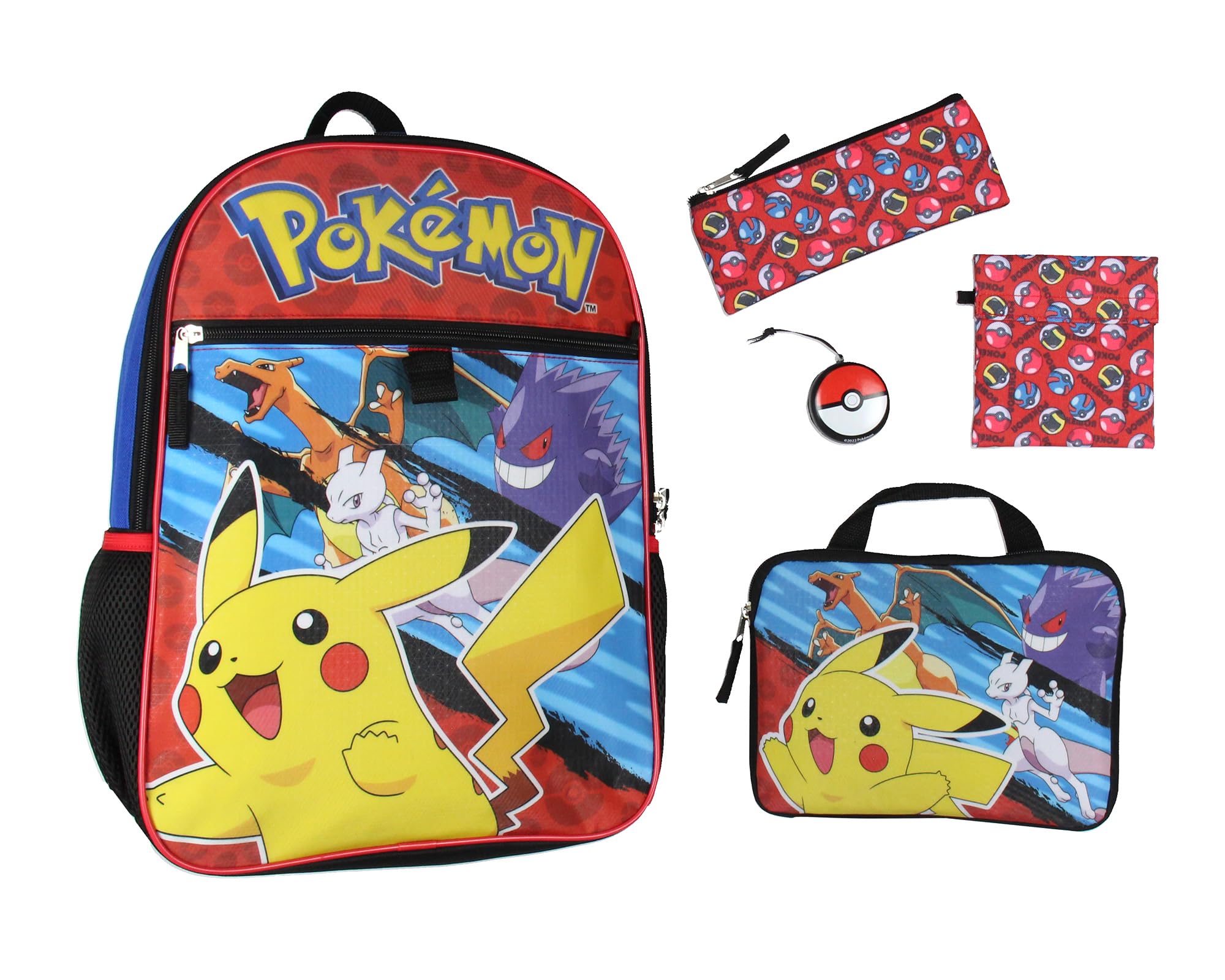 Bioworld Pokemon 5 PC Backpack Set With Padded Card Carrier, Pencil Case, Insulated Snack Bag, and Pokeball Stress Toy