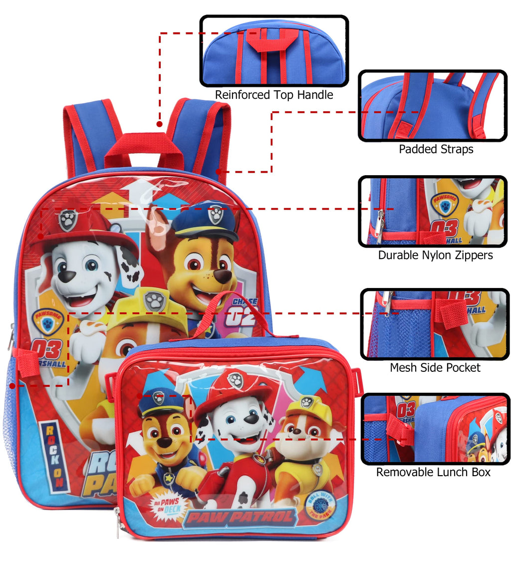 Ruz Paw Patrol Boys 16 Inch Backpack With Removable Matching Lunch Box Set (Blue-Light Blue-Red)
